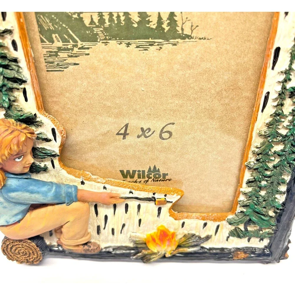 Vintage Wilcor 4x6 Photo Frame Hand Painted Camping Girl with Campfire Rustic